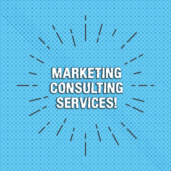 Text sign showing Marketing Consulting Services. Conceptual photo create and implement marketing strategies Thin Beam Lines Spreading out Dash of Sunburst Radiating on Tiny Loop Rings.