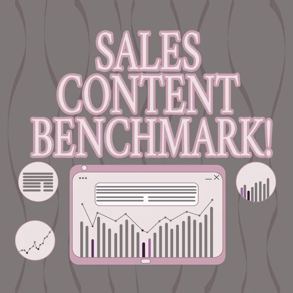 Word writing text Sales Content Benchmark. Business concept for Crafting sales enablement content that converts Digital Combination of Column Line Data Graphic Chart on Tablet Screen.