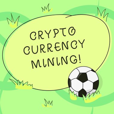 Kripto para birimi madenciliği gösterilen Not yazma. Çim ve boş ana hatları yuvarlak renk şekil fotoğrafı futbol topu blockchain sisteminde kayıt işlem kaydı vitrine iş fotoğraf.