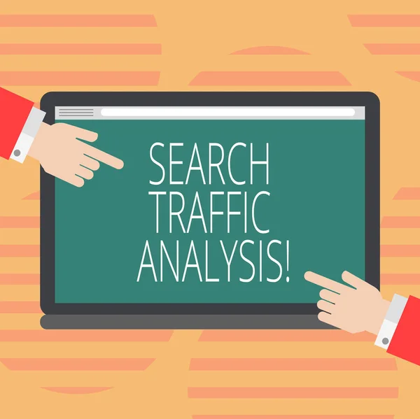 Word writing text Search Traffic Analysis. Business concept for network bandwidth monitoring software or application Hu analysis Hands from Both Sides Pointing on a Blank Color Tablet Screen.