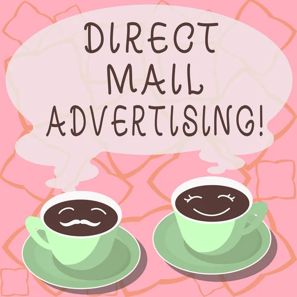 Conceptual hand writing showing Direct Mail Advertising. Business photo showcasing deliver marketing material to client of postal mail Cup Saucer for His and Hers Coffee Face icon with Steam.