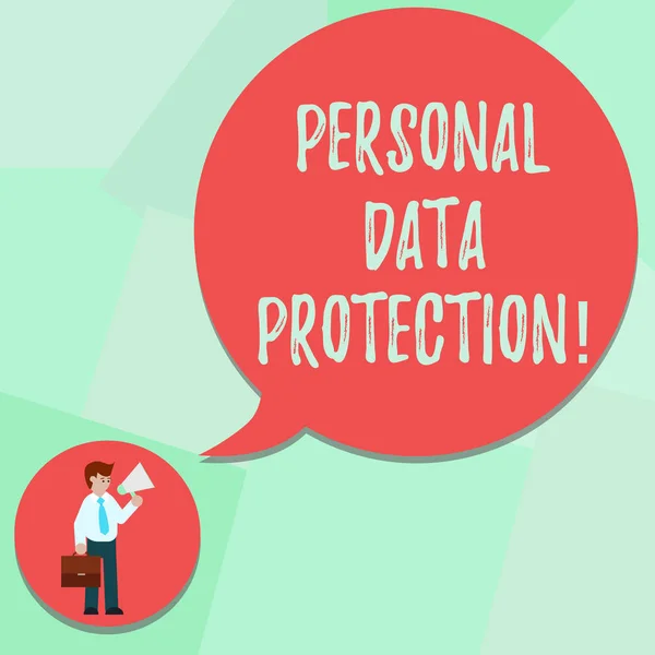 Conceptual hand writing showing Personal Data Protection. Business photo text Keeping secure the demonstratingal data information Man in Necktie Carrying Briefcase Holding Megaphone Speech Bubble.