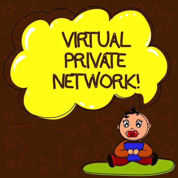 Schreibnotiz, die virtuelles privates Netzwerk zeigt. Business-Foto zeigt Netzwerk, das mit öffentlichen Drähten aufgebaut ist Baby sitzt auf Teppich mit Schnuller Buch und Wolke Sprechblase. — Stockfoto