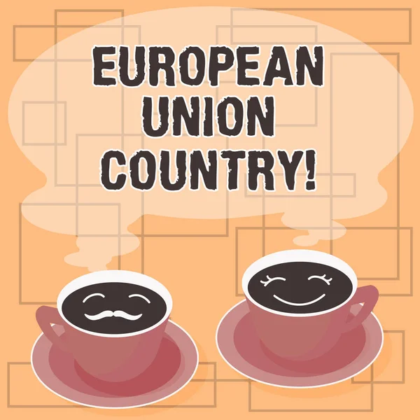 Word tekst intoetsen land van de Europese Unie. Businessconcept voor staten of landen die zich voornamelijk in Europa Sets van Cup schotel voor zijn bevinden en haar koffie gezicht pictogram met lege stoom. — Stockfoto