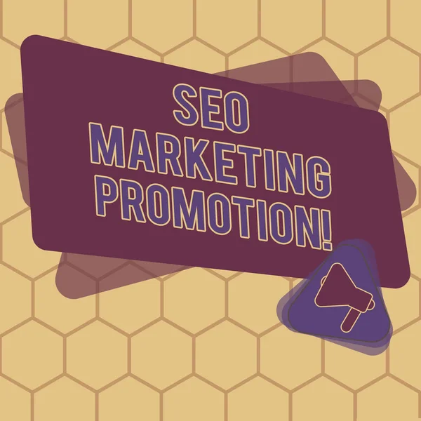 Conceptual hand writing showing Seo Marketing Promotion. Business photo text improve content and increase exposure of a website Megaphone Inside Triangle and Rectangle for Announcement.