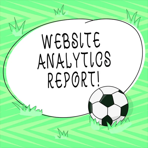 Text sign showing Website Analytics Report. Conceptual photo procedures used to optimize the rank of the website Soccer Ball on the Grass and Blank Outlined Round Color Shape photo.