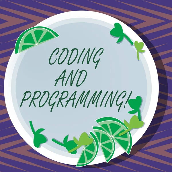 Word schrijven tekst Coding And Programming. Businessconcept voor Design & build een uitvoerbare computerprogramma knipsels van gesneden kalk wig en kruid laat op lege ronde kleurplaat. — Stockfoto