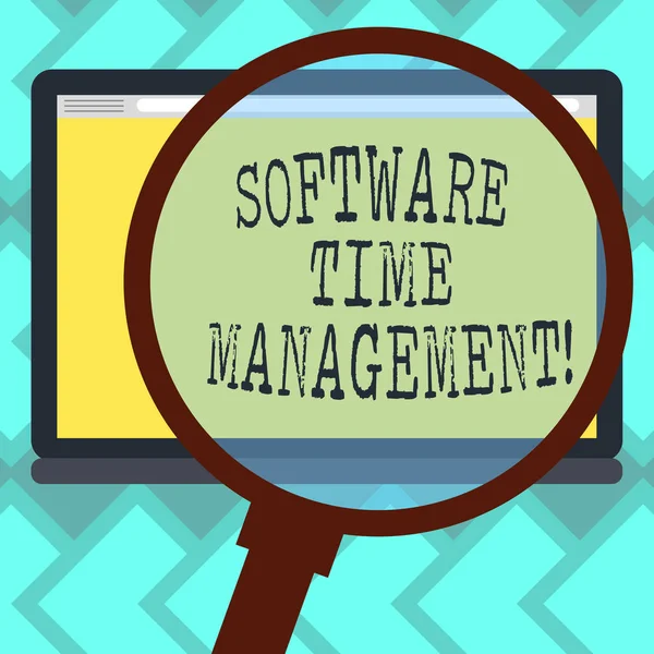 Text sign showing Software Time Management. Conceptual photo Tools used to monitor workers time spent in work Magnifying Glass Enlarging Tablet Blank Color Screen photo text Space.