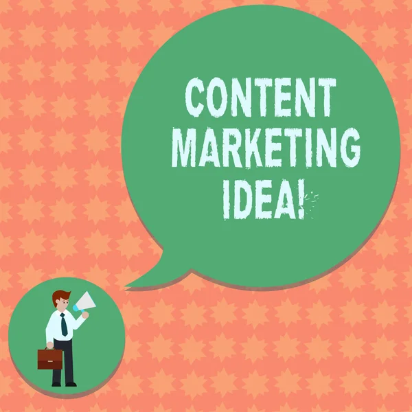 Writing note showing Content Marketing Idea. Business photo showcasing focused on creating and distributing valuable content Man in Necktie Carrying Briefcase Holding Megaphone Speech Bubble. — Stock Photo, Image