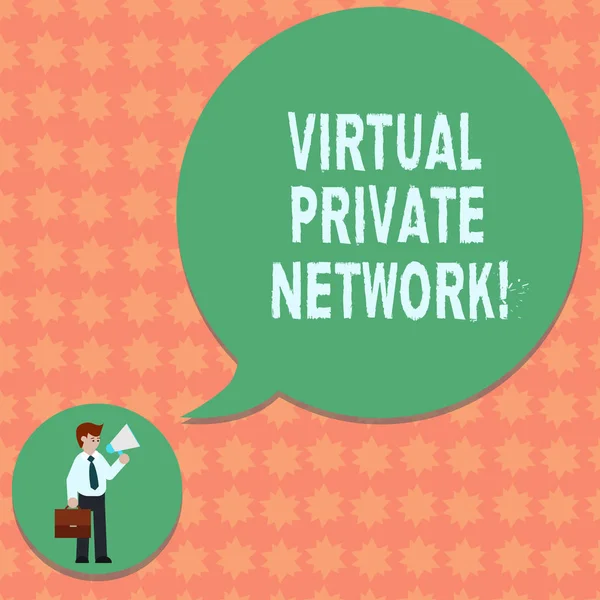 Nota di scrittura che mostra Virtual Private Network. Business photo vetrina di rete che è costruito utilizzando fili pubblici Uomo in cravatta Portando valigetta Holding Megafono Speech Bubble . — Foto Stock