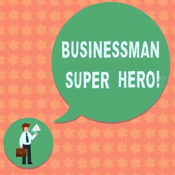 Megjegyzés: Businessanalysis Super Hero mutatja írás. Üzleti fénykép bemutató vállalja a kockázatot, egy üzleti vagy vállalati nyakkendő szállító táska gazdaság megafon beszéd buborék ember. — Stock Fotó