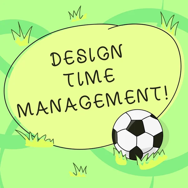 Writing note showing Design Time Management. Business photo showcasing Coordination of activities to maximize the effort Soccer Ball on the Grass and Blank Outlined Round Color Shape photo.