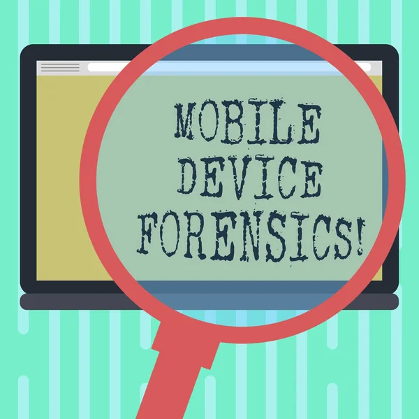 Tekst på tekst Mobile Device Forensics. Forretningskonsept for elektronisk datainnsamling til juridisk bruk - forstørrelsesglass Blank Color Screen fototekst . – stockfoto