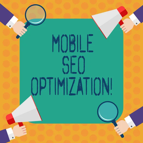 Schrijven van notitie weergegeven: Mobile Seo optimalisatie. Zakelijke foto presentatie maakt een website om rang voor mobiele zoekopdrachten Hu analyse handen houden Magnifying Glass en megafoon. — Stockfoto