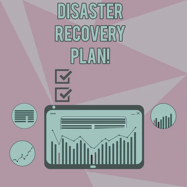 Writing note showing Disaster Recovery Plan. Business photo showcasing plan for business stability in the event of disaster Digital Combination of Column Line Data Graphic Chart on Tablet Screen. — 스톡 사진