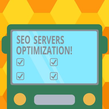 El yazısı metin Seo sunucuları en iyi duruma getirme. Maksimum verimlilikle çalışma Seo ağ anlam kavramı çizilmiş düz ön görünümü, otobüs boş renk pencere kalkan yansıtan ile.