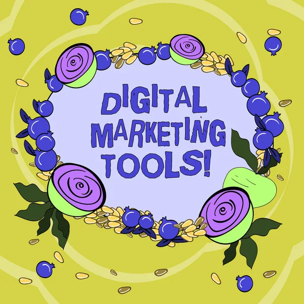 Handwriting text Digital Marketing Tools. Concept meaning Channels or platforms use in advertising a product Floral Wreath made of Tiny Seeds Small Glossy Pomegranate and Cut Beet.