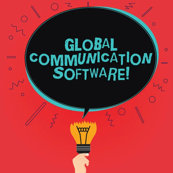 Nota di scrittura che mostra il software di comunicazione globale. Modi per connettersi mostrando attraverso la bolla di discorso ovale geografica sopra una lampadina rotta con l'icona dell'idea non riuscita . — Foto Stock