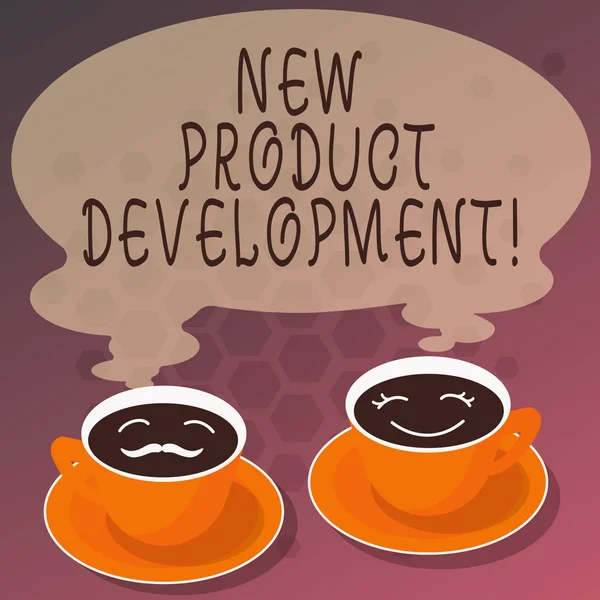 Ordet skriver text ny produktutveckling. Affärsidé för processen att föra en ny produkt på marknaden uppsättningar av kopp tefat för hans och hennes kaffe ansikte ikon med tomma Steam. — Stockfoto