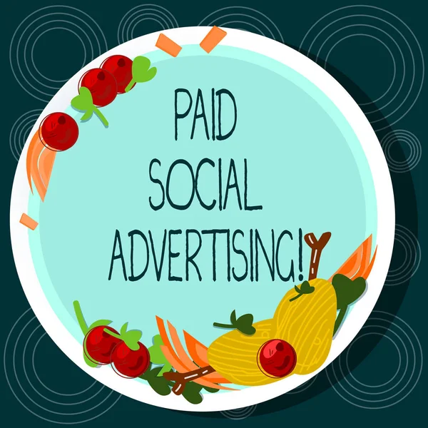 Word writing text Paid Social Advertising. Business concept for external marketing efforts involve a paid placement Hand Drawn Lamb Chops Herb Spice Cherry Tomatoes on Blank Color Plate.