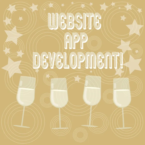 Writing note showing Website App Development. Business photo showcasing Creation of application programs save on servers Filled Cocktail Wine Glasses with Scattered Stars as Confetti Stemware.