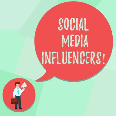 Kavramsal el sosyal medya Influencers gösterilen yazma. Kim kravat taşıyan evrak çantası elinde megafon konuşma balonu kendi bilgi adam bir üne sahiptir gösteren iş fotoğraf metin.