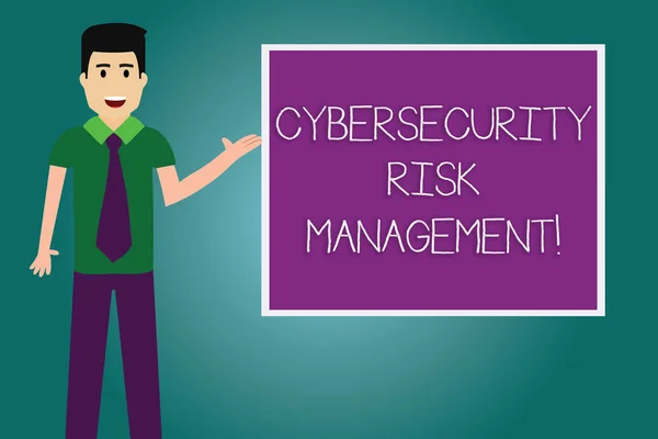 Conceptual hand writing showing Cybersecurity Risk Management. Business photo showcasing Identifying threats and applying actions Man with Tie Talking Presenting Blank Color Square Board. — Stockfoto