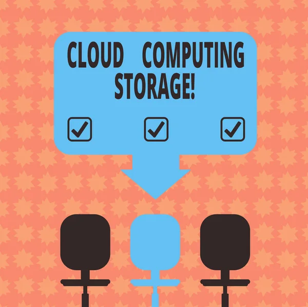 Schreibnotiz, die Cloud-Computing-Speicher zeigt. Geschäftsfotos mit digitalen Daten werden in logischen Pools oder Internet-Raum gespeichert Farbpfeil zeigt auf einen der drei Drehstühle. — Stockfoto