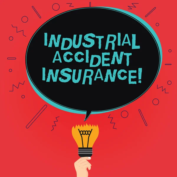 Writing note showing Industrial Accident Insurance. Business photo showcasing payments for demonstrating exposed to the work hazard Oval Speech Bubble Above a Broken Bulb with Failed Idea icon.