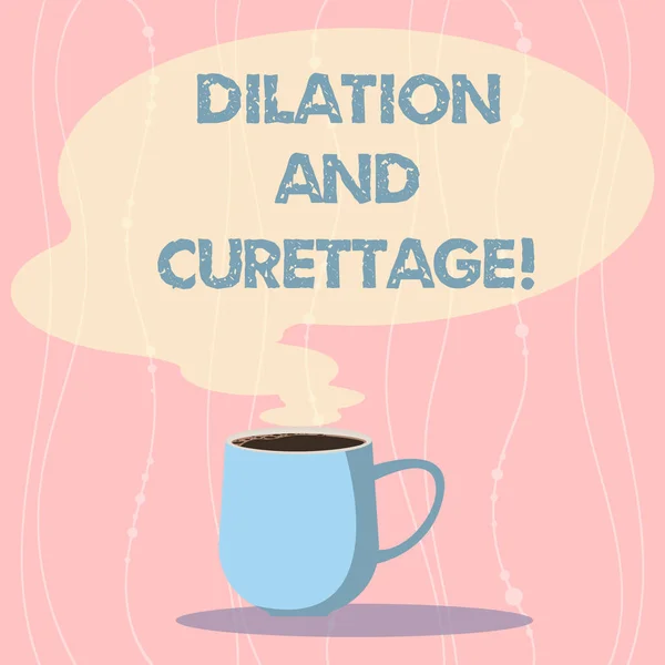 Word writing text Dilation And Curettage. Business concept for procedure to remove tissue from inside your uterus Mug photo Cup of Hot Coffee with Blank Color Speech Bubble as Steam icon. — Φωτογραφία Αρχείου