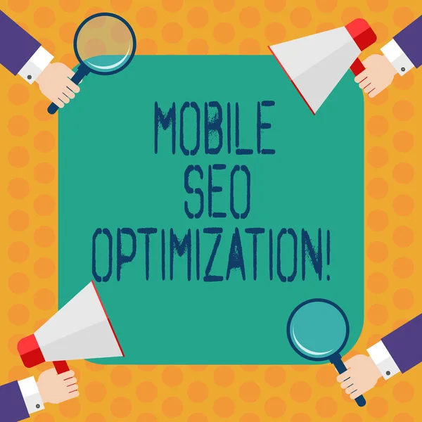 Writing note showing Mobile Seo Optimization. Business photo showcasing enables a website to rank for mobile searches Hu analysis Hands Holding Magnifying Glass and Megaphone. — Stock Photo, Image