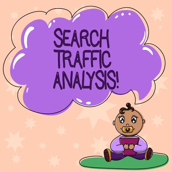 Word writing text Search Traffic Analysis. Business concept for network bandwidth monitoring software or application Baby Sitting on Rug with Pacifier Book and Blank Color Cloud Speech Bubble.