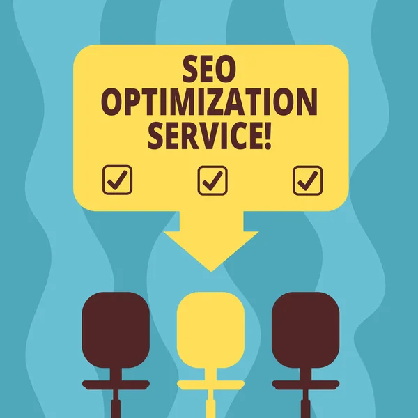 Conceptual hand writing showing Seo Optimization Service. Business photo showcasing Aim to increase the visibility of a website Space Color Arrow Pointing to One of the Three Swivel Chairs.