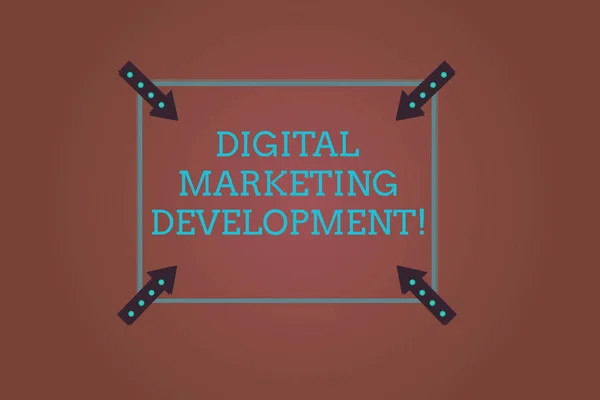 Word writing text Digital Marketing Development. Business concept for Leverage the digital channels in marketing Square Outline with Corner Arrows Pointing Inwards on Color Background.