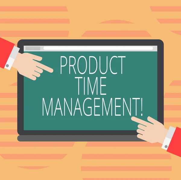 Texto para escrita de palavras Product Time Management. Conceito de negócio para organizar, planejar e analisar o tempo efetivamente Análise de Hu Mãos de ambos os lados Apontando em uma tela de Tablet de cor em branco . — Fotografia de Stock