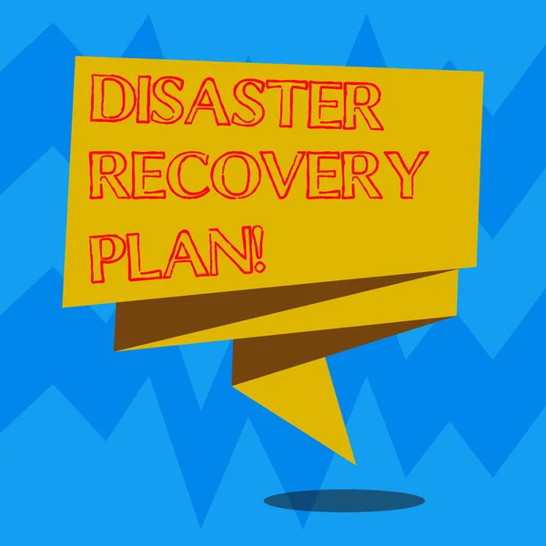 Text sign showing Disaster Recovery Plan. Conceptual photo plan for business stability in the event of disaster Folded 3D Ribbon Strip Solid Color Blank Sash photo for Celebration. — 스톡 사진