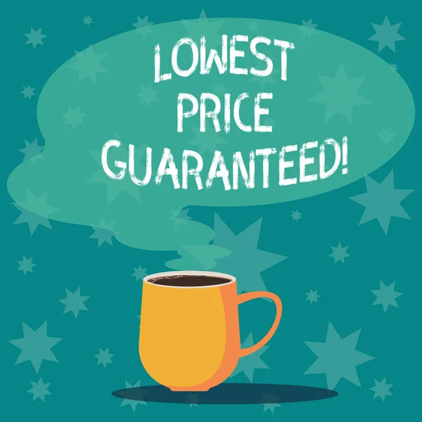 Handwriting text writing Lowest Price Guaranteed. Concept meaning Price charges are the lowest among competitors Mug photo Cup of Hot Coffee with Blank Color Speech Bubble as Steam icon.