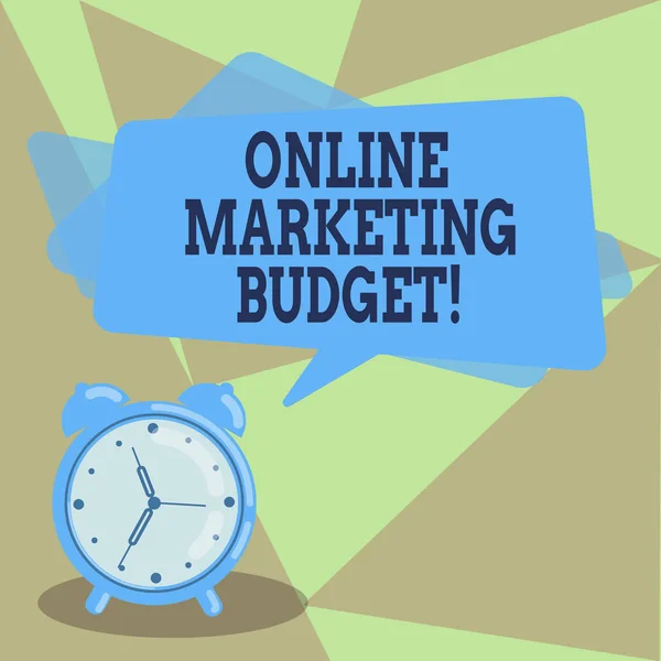 Text sign showing Online Marketing Budget. Conceptual photo cost that will be required to promote products Blank Rectangular Color Speech Bubble Overlay and Analog Alarm Clock.