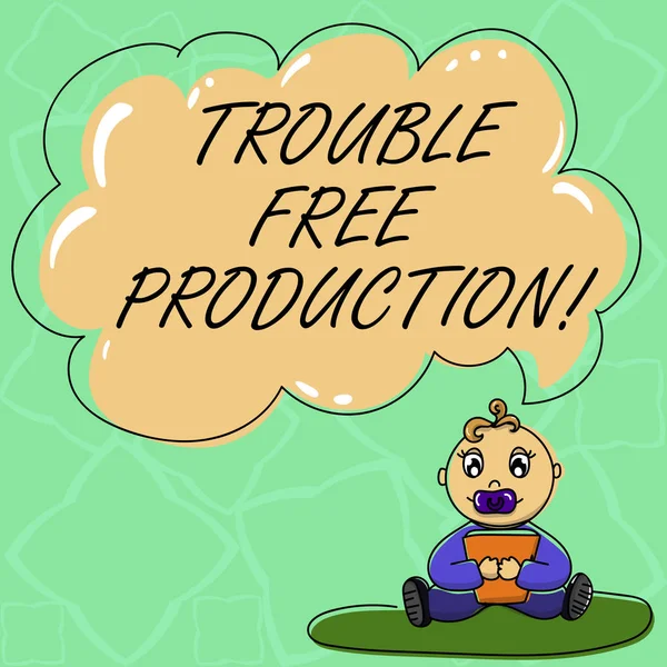 Word writing text Trouble Free Production. Business concept for Without problems or difficulties in the production Baby Sitting on Rug with Pacifier Book and Blank Color Cloud Speech Bubble.