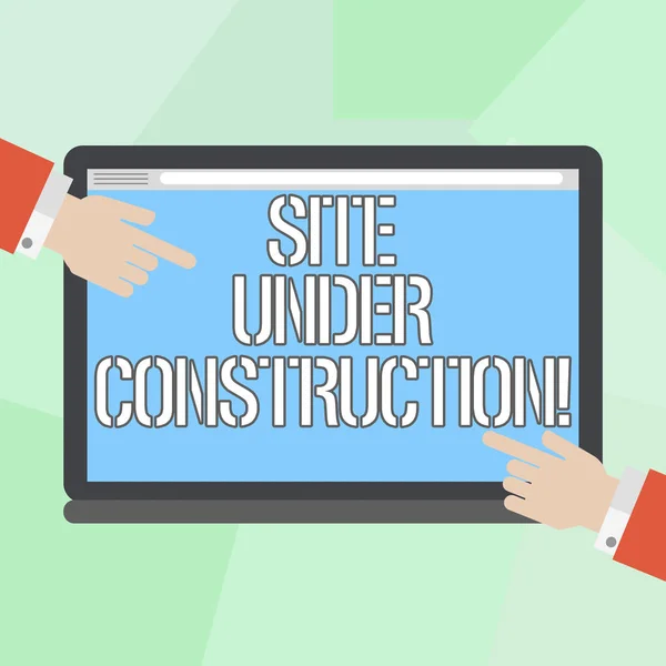 Conceptual hand writing showing Site Under Construction. Business photo showcasing Implies something is being built for the first time Hu analysis Hands Pointing on a Blank Color Tablet Screen. — Stock Photo, Image