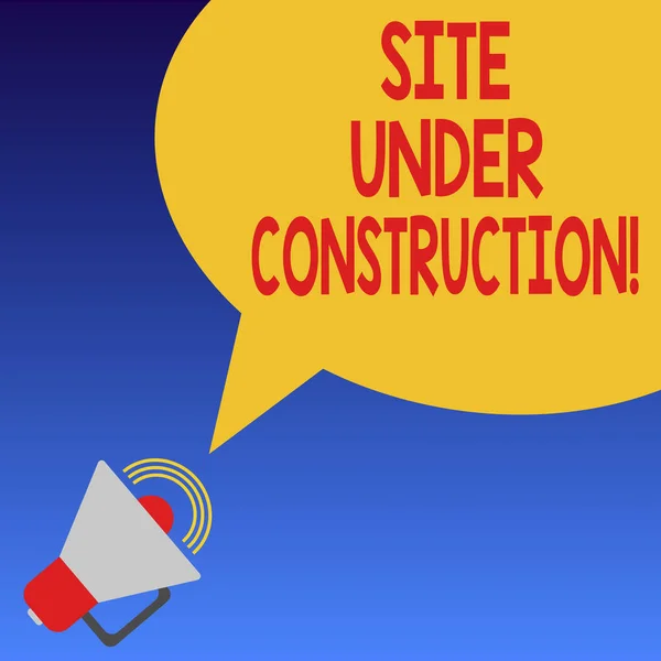 Handwriting text Site Under Construction. Concept meaning Implies something is being built for the first time Megaphone with Sound Volume Icon and Blank Color Speech Bubble photo. — Stockfoto