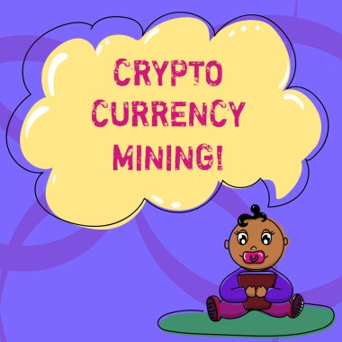 Kripto para birimi madenciliği gösterilen Not yazma. Blockchain sisteminde bebek oturan emzik kitap ve bulut konuşma balonu ile halı üzerinde kayıt işlem kaydı vitrine iş fotoğraf.