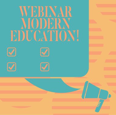 Word metin Webinar Modern eğitim yazma. Süreci ve gelişmekte olan web uygulama renk siluet, boş Meydanı konuşma balonu ve megafon fotoğraf pratiği için iş kavramı.