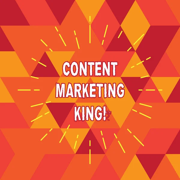 Conceptual hand writing showing Content Marketing King. Business photo text Content is central to the success of a website Thin Beam Lines Spreading out Sunburst Radiates on Squares.