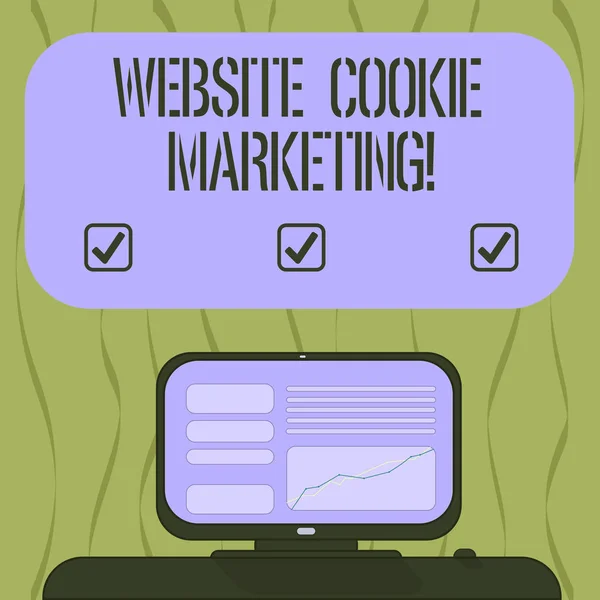 Schreiben Notiz zeigt Website-Cookie-Marketing. Business-Foto, das Informationen und Einsichten der Webpage-Benutzer zeigt, montierte Computerbildschirm mit Liniendiagramm auf dem Schreibtisch leeres farbiges Textfeld. — Stockfoto