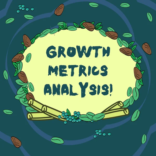 Conceptual hand writing showing Growth Metrics Analysis. Business photo text Evaluating the company s is historical growth Wreath Made of Different Color Seeds Leaves and Cinnamon. — Stock Fotó