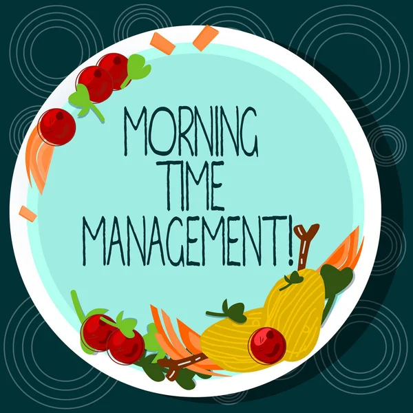 Texto de escritura de palabras Morning Time Management. Concepto de negocio para el uso óptimo del tiempo disponible para ellos en el trabajo Dibujado a mano Cordero Picaduras Hierba Especias Tomates Cherry en la placa de color en blanco . —  Fotos de Stock