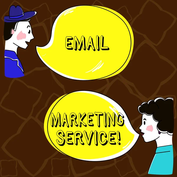 Word writing text Email Marketing Service. Business concept for email sent to a potential or current customer Hand Drawn Man and Wo analysis Talking photo with Blank Color Speech Bubble.