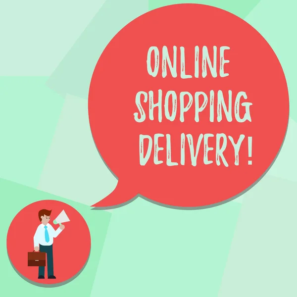 Conceptual hand writing showing Online Shopping Delivery. Business photo text Process of shipping an item from online purchase Man in Necktie Carrying Briefcase Holding Megaphone Speech Bubble. — Stock Photo, Image