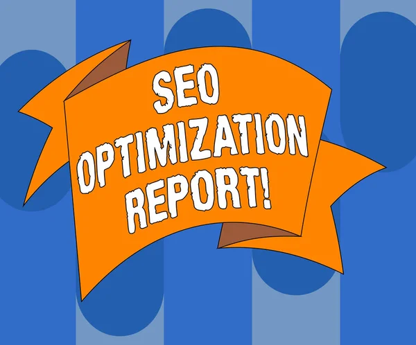 Почерк написания текста Seo Optimization Report. Концепция означает Обзор перфоанализ веб-сайта в поисковой системе Сложенная 3D лента Полоса Прочный цвет пустой ленты фото для празднования . — стоковое фото